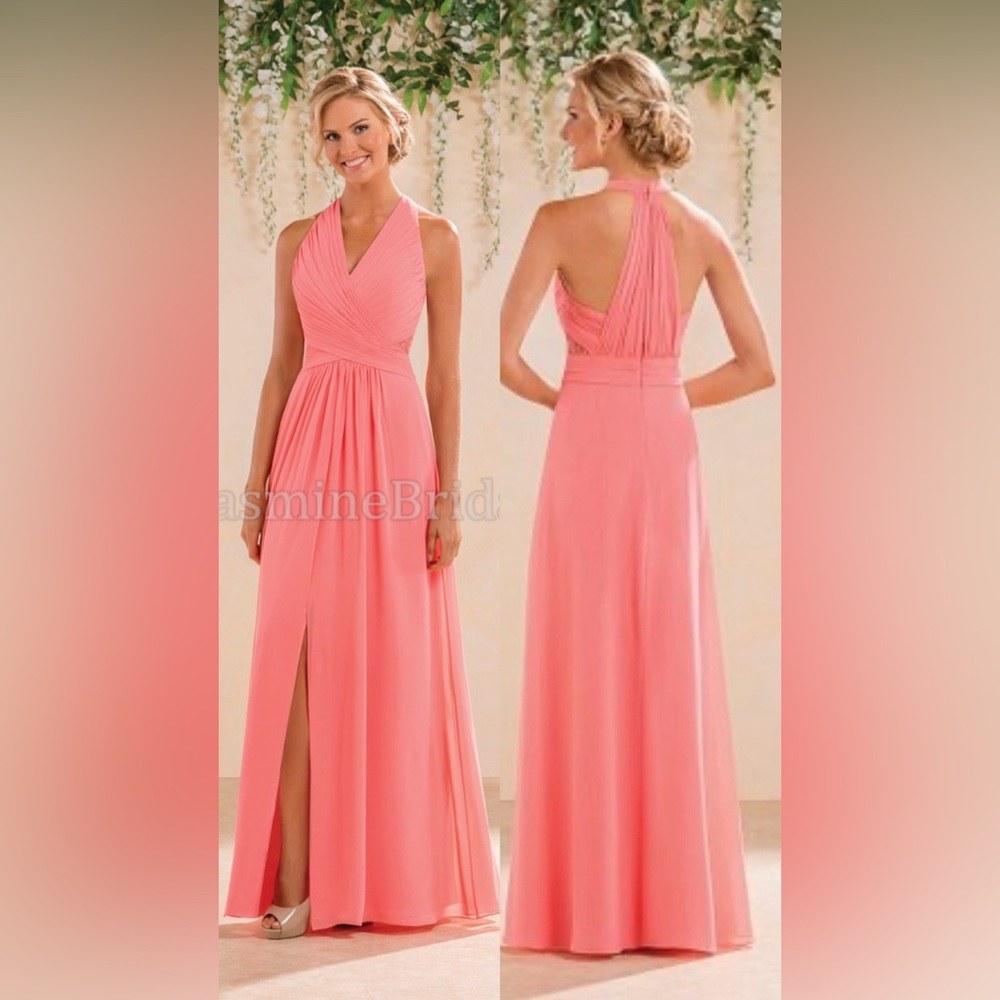 B183008 Long Coral V-neck Poly Chiffon Gownwith Slit
